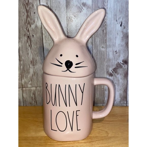Rae Dunn Ceramic Pink Bunny Love Coffee Tea Mug Easter Rabbit Bunny Topper Lid - Picture 1 of 9
